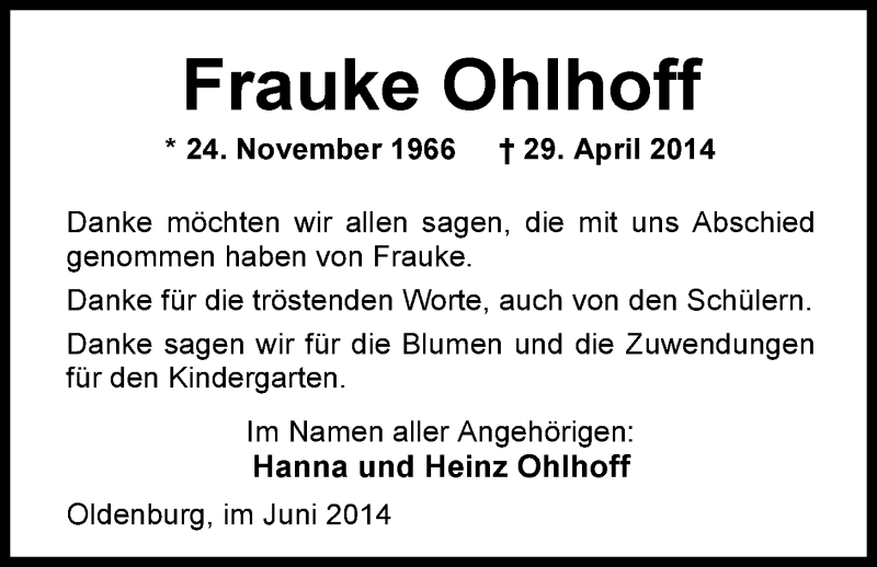  Traueranzeige für Frauke Ohlhoff vom 14.06.2014 aus Nordwest-Zeitung