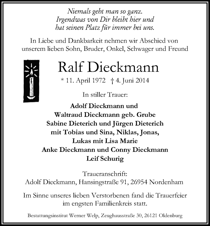  Traueranzeige für Ralf Dieckmann vom 21.06.2014 aus Nordwest-Zeitung