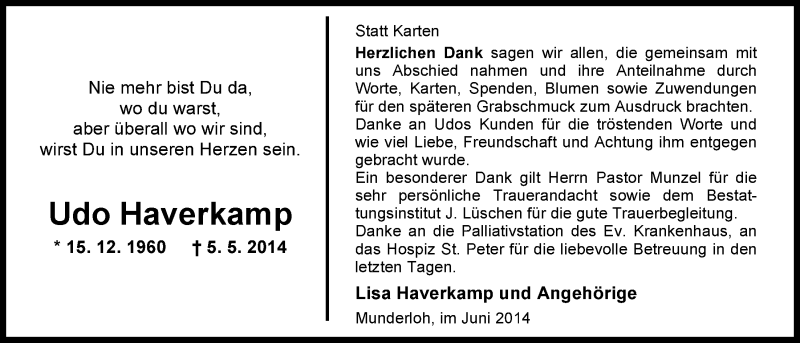  Traueranzeige für Udo Haverkamp vom 14.06.2014 aus Nordwest-Zeitung