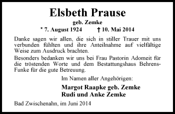 Traueranzeige von Elsbeth Prause von Nordwest-Zeitung