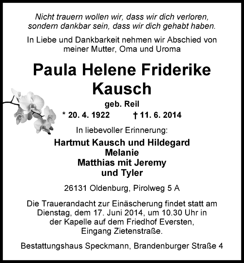  Traueranzeige für Paula Helene Frederike Kausch vom 13.06.2014 aus Nordwest-Zeitung