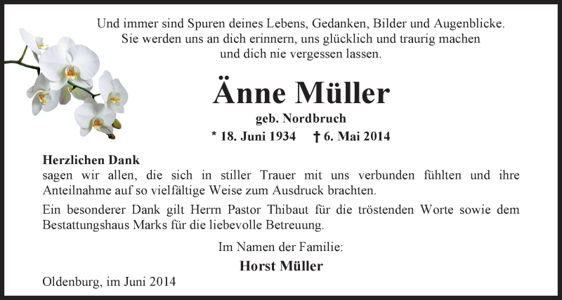 Traueranzeige für Änne Müller vom 14.06.2014 aus Nordwest-Zeitung