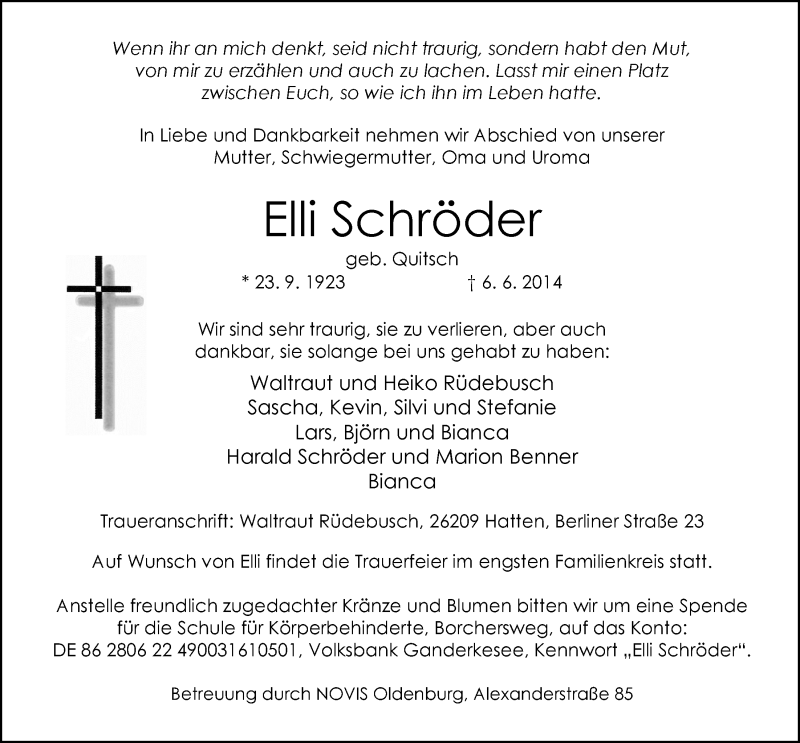  Traueranzeige für Elli Schröder vom 13.06.2014 aus Nordwest-Zeitung