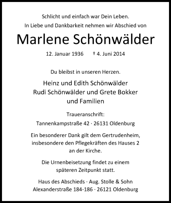 Traueranzeige von Marlene Schönwälder von Nordwest-Zeitung