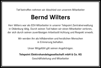 Traueranzeige von Bernd Wilters von Nordwest-Zeitung
