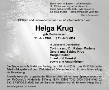 Traueranzeige von Helga Krug von Nordwest-Zeitung