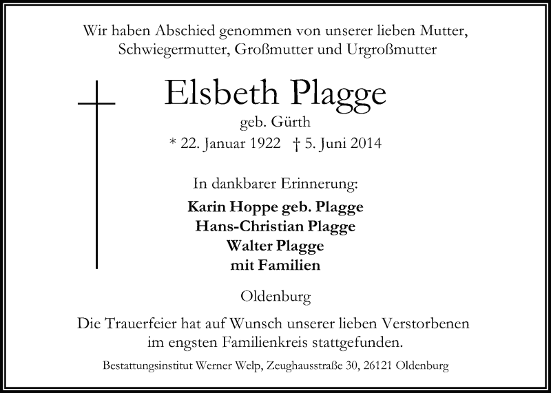 Traueranzeige für Elsbeth Plagge vom 14.06.2014 aus Nordwest-Zeitung