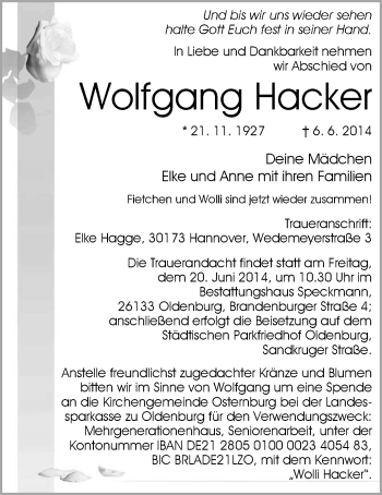 Traueranzeige von Wolfgang Hacker von Nordwest-Zeitung