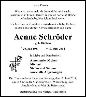 Traueranzeige von Aenne Schröder von Nordwest-Zeitung