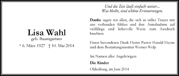 Traueranzeige von Lisa Wahl von Nordwest-Zeitung