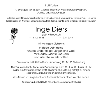 Traueranzeige von Inge Diers von Nordwest-Zeitung