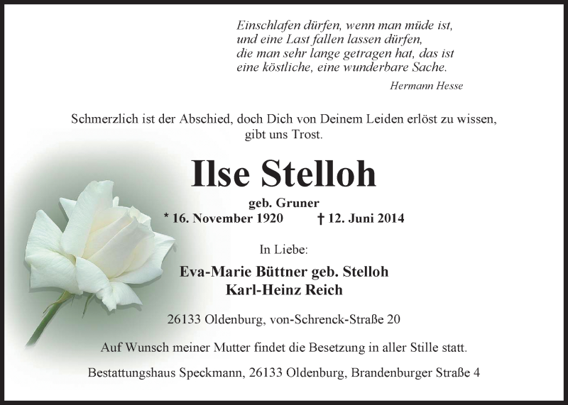  Traueranzeige für Ilse Stelloh vom 14.06.2014 aus Nordwest-Zeitung