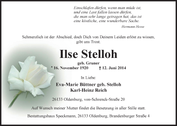 Traueranzeige von Ilse Stelloh von Nordwest-Zeitung