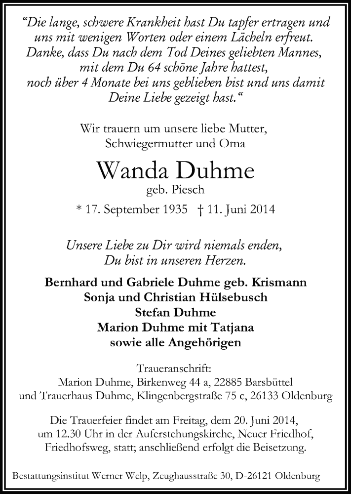 Traueranzeige für Wanda Duhme vom 14.06.2014 aus Nordwest-Zeitung