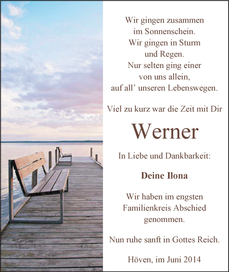  Traueranzeige für Werner Brandes vom 17.06.2014 aus Nordwest-Zeitung