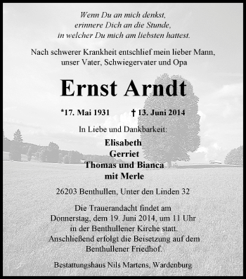 Traueranzeige von Ernst Arndt von Nordwest-Zeitung