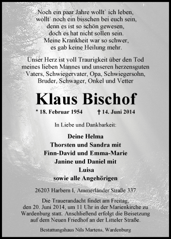 Traueranzeige von Klaus Bischof von Nordwest-Zeitung