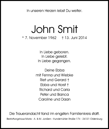 Traueranzeige von John Smit von Nordwest-Zeitung