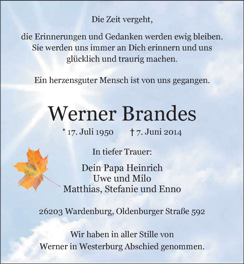  Traueranzeige für Werner Brandes vom 17.06.2014 aus Nordwest-Zeitung