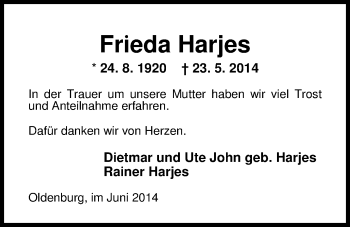 Traueranzeige von Frieda Harjes von Nordwest-Zeitung