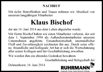 Traueranzeige von Klaus Bischof von Nordwest-Zeitung