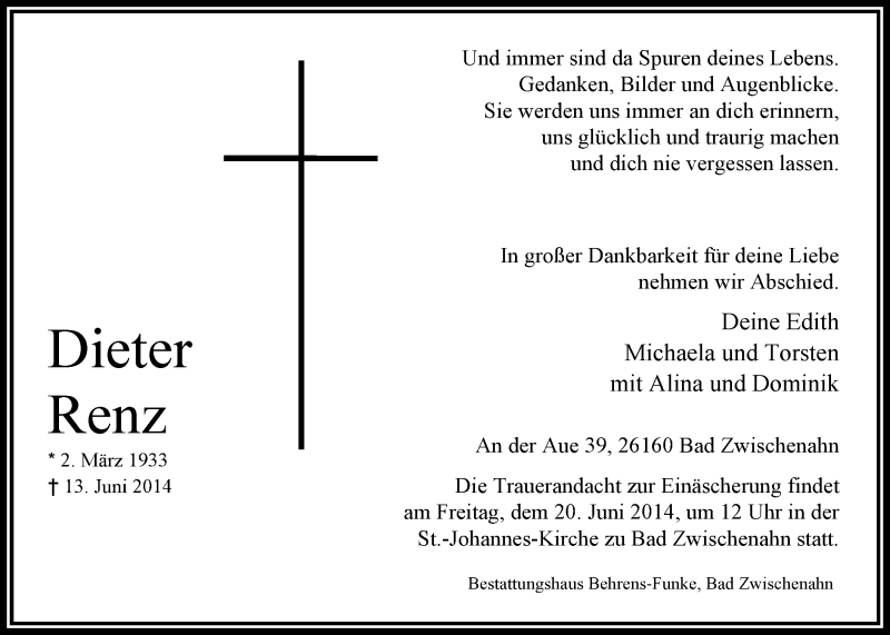  Traueranzeige für Dieter Renz vom 17.06.2014 aus Nordwest-Zeitung