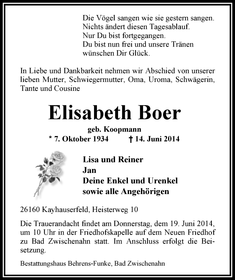  Traueranzeige für Elisabeth Boer vom 17.06.2014 aus Nordwest-Zeitung