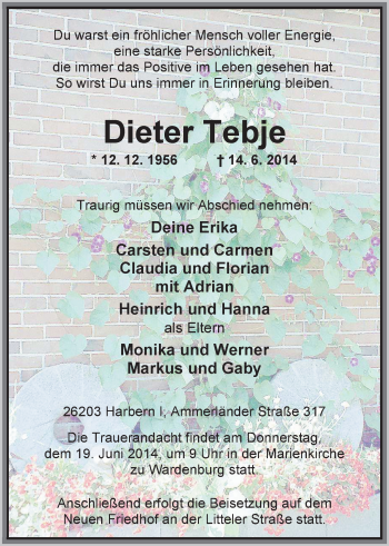 Traueranzeige von Dieter Tebje von Nordwest-Zeitung