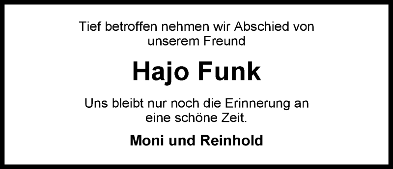  Traueranzeige für Hajo Funk vom 19.06.2014 aus Nordwest-Zeitung