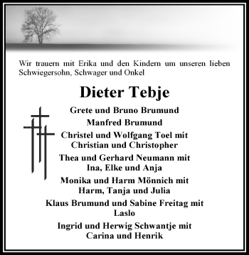 Traueranzeige von Dieter Tebje von Nordwest-Zeitung