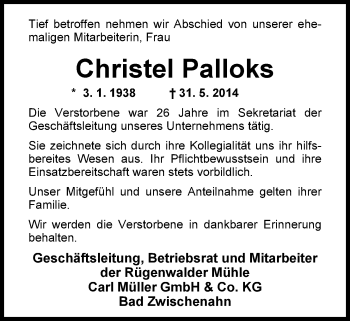 Traueranzeige von Christel Palloks von Nordwest-Zeitung