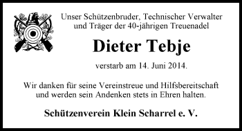 Traueranzeige von Dieter Tebje von Nordwest-Zeitung