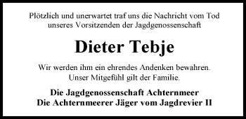 Traueranzeige von Dieter Tebje von Nordwest-Zeitung