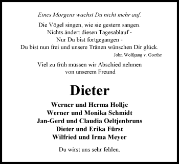 Traueranzeige von Dieter Tebje von Nordwest-Zeitung