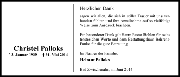 Traueranzeige von Christel Palloks von Nordwest-Zeitung