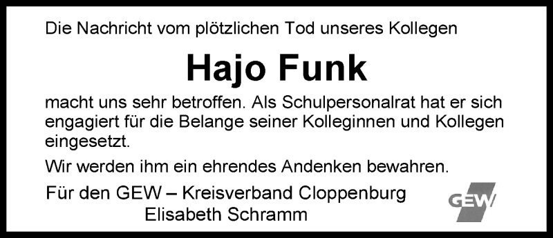  Traueranzeige für Hajo Funk vom 19.06.2014 aus Nordwest-Zeitung