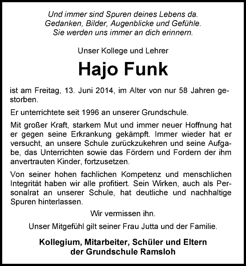  Traueranzeige für Hajo Funk vom 19.06.2014 aus Nordwest-Zeitung