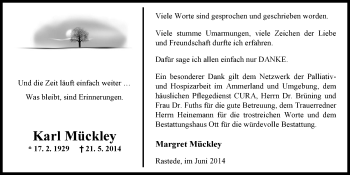 Traueranzeige von Karl Mückley von Nordwest-Zeitung