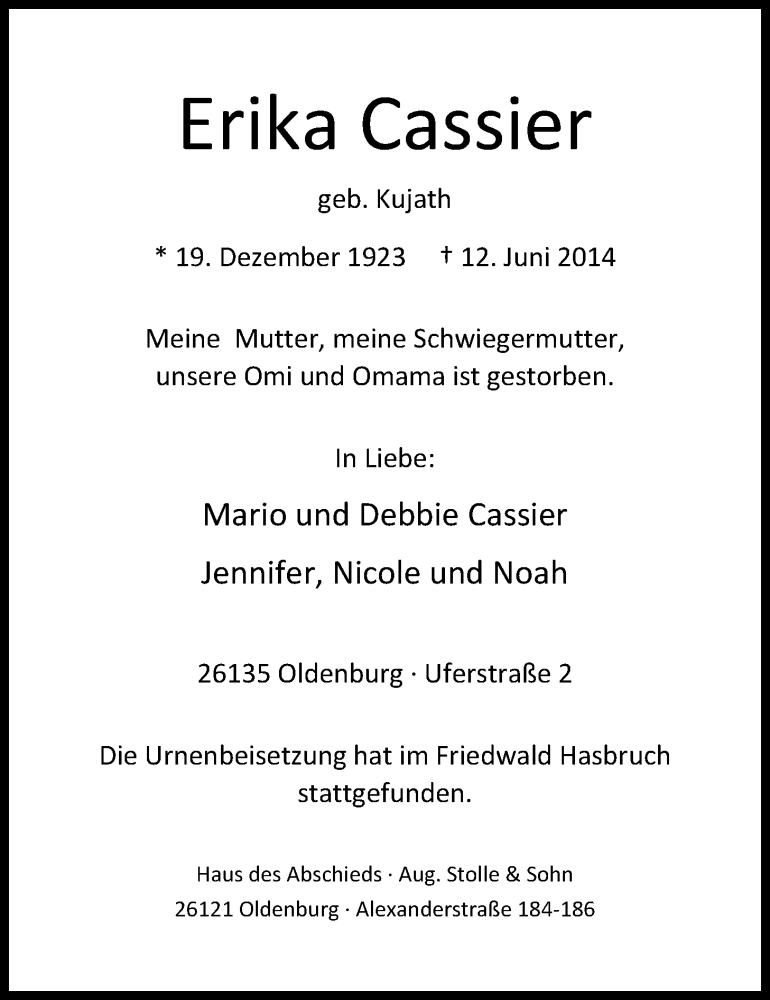  Traueranzeige für Erika Cassier vom 21.06.2014 aus Nordwest-Zeitung