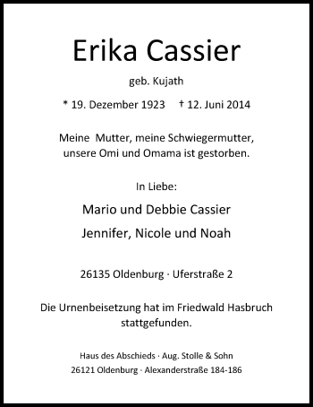 Traueranzeige von Erika Cassier von Nordwest-Zeitung
