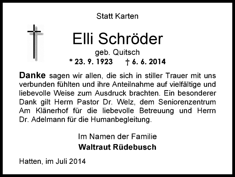  Traueranzeige für Elli Schröder vom 04.07.2014 aus Nordwest-Zeitung