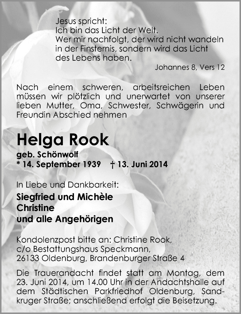  Traueranzeige für Helga Rook vom 18.06.2014 aus Nordwest-Zeitung