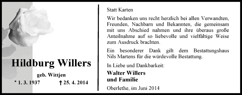  Traueranzeige für Hildburg Willers vom 21.06.2014 aus Nordwest-Zeitung