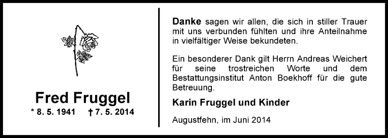  Traueranzeige für Fred Fruggel vom 21.06.2014 aus Nordwest-Zeitung