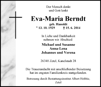 Traueranzeige von Eva-Maria Berndt von Nordwest-Zeitung
