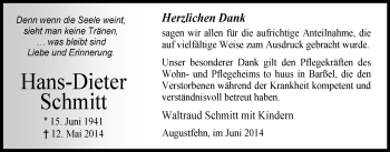 Traueranzeige von Hans-Dieter Schmitt von Nordwest-Zeitung