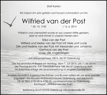 Traueranzeige von Wilfried van der Post von Nordwest-Zeitung