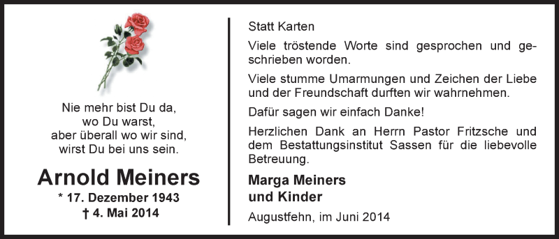  Traueranzeige für Arnold Meiners vom 20.06.2014 aus Nordwest-Zeitung