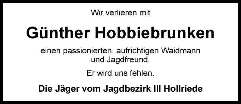  Traueranzeige für Günther Hobbiebrunken vom 20.06.2014 aus Nordwest-Zeitung
