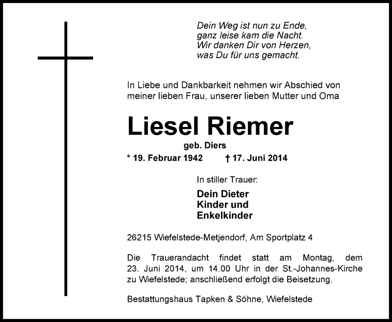  Traueranzeige für Liesel Riemer vom 20.06.2014 aus Nordwest-Zeitung